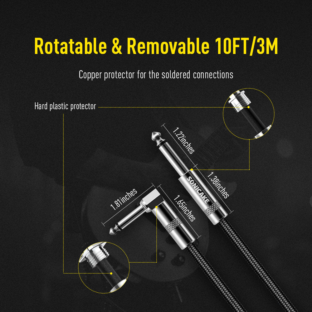 Instrument Cable (10ft/3m, Right Angle to Straight, Black) - Sonicake