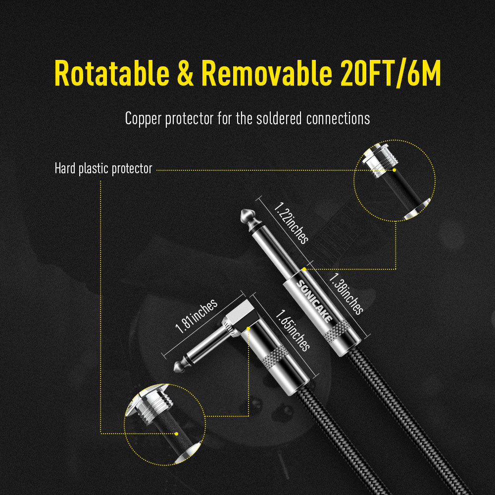 Instrument Cable (20ft/6m, Right Angle to Straight, Black) - Sonicake
