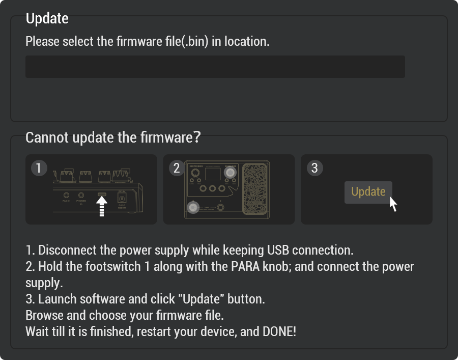 Force update steps for Matribox: disconnect power, keep USB connected. Hold footswitch 1 and PARA knob, then reconnect power. Open software, click Update, select firmware file, wait for completion, restart device.