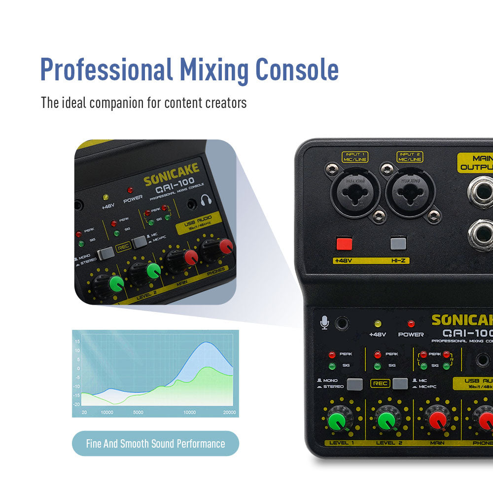 SONICAKE 2 Channel Mixing Console Mini Audio Mixer USB